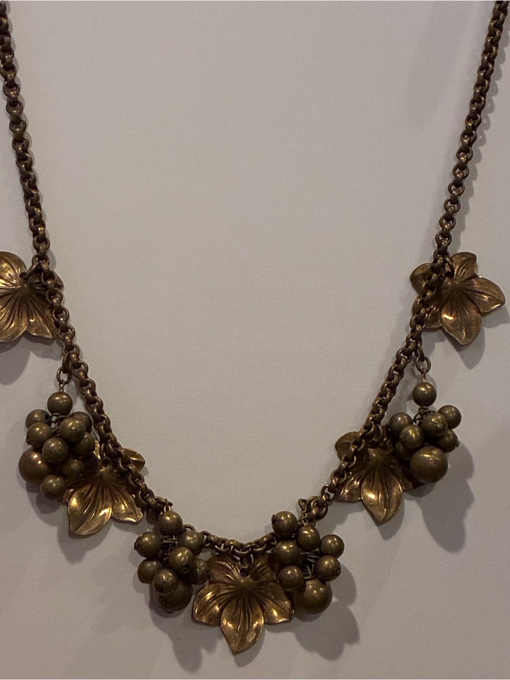 Antique Vintage brass Floral Cluster Dangle Necklace